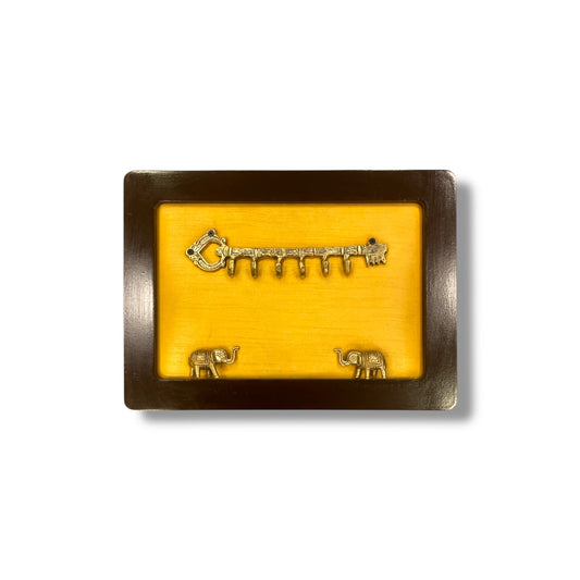 Brass Key Hanger with Elephants on Golden Silk in Wooden Frame