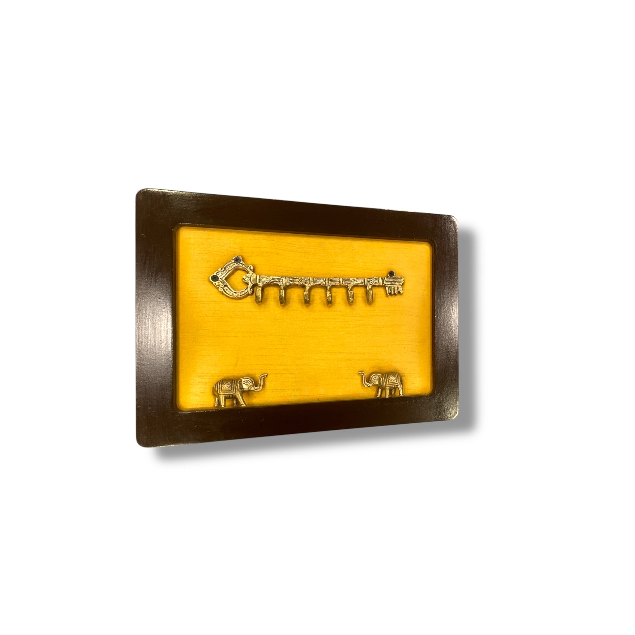 Brass Key Hanger with Elephants on Golden Silk in Wooden Frame