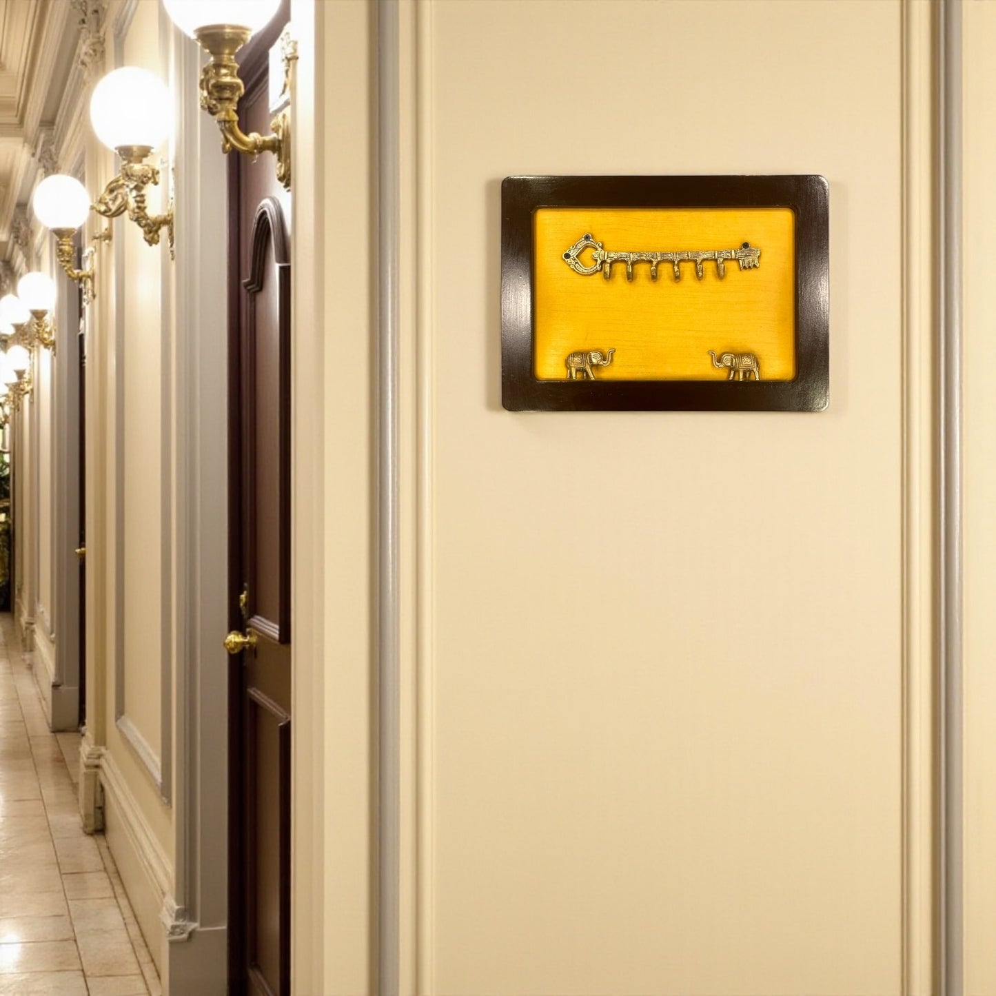 Brass Key Hanger with Elephants on Golden Silk in Wooden Frame