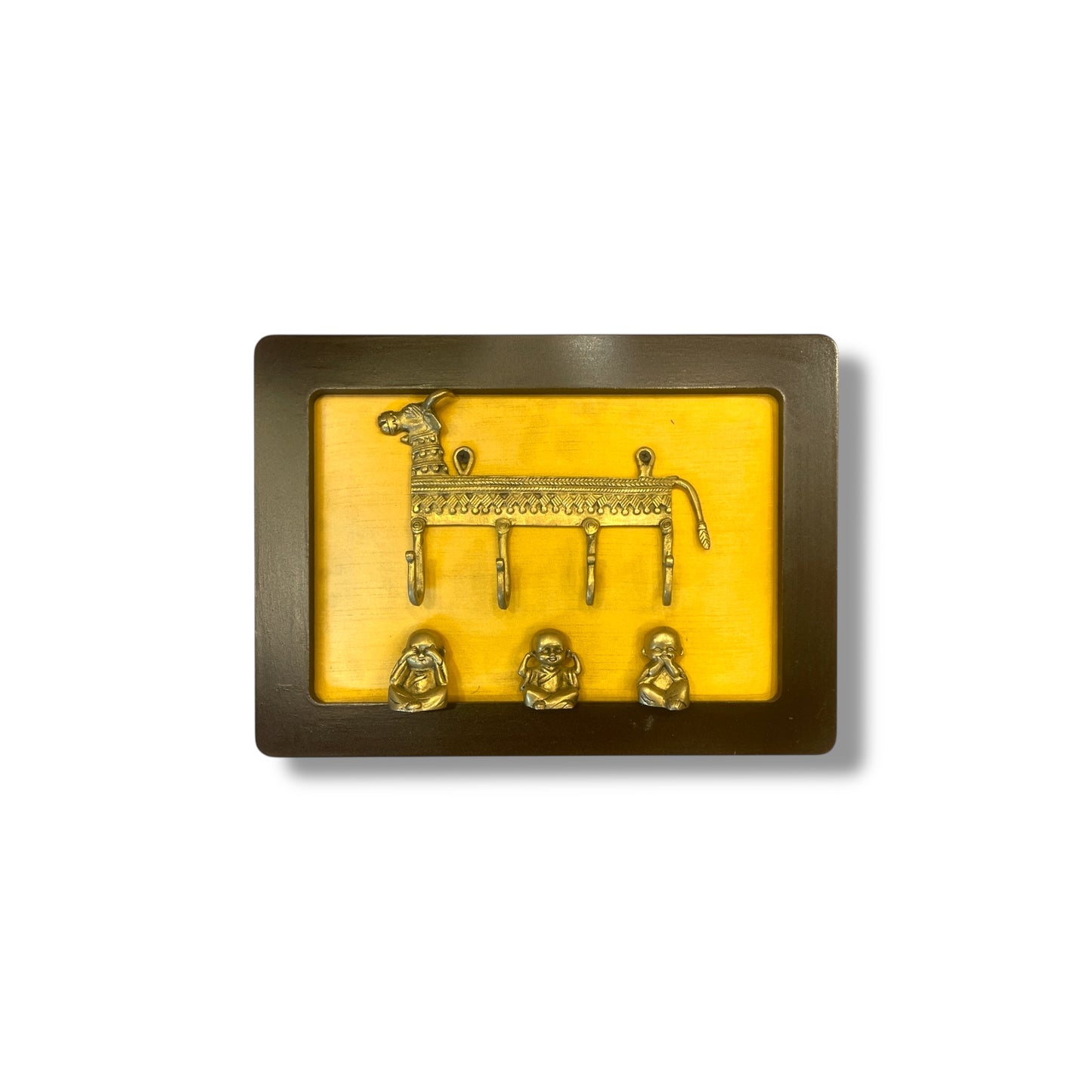 Brass Cow Key Hanger with Three Monks on Golden Silk in Wooden Frame