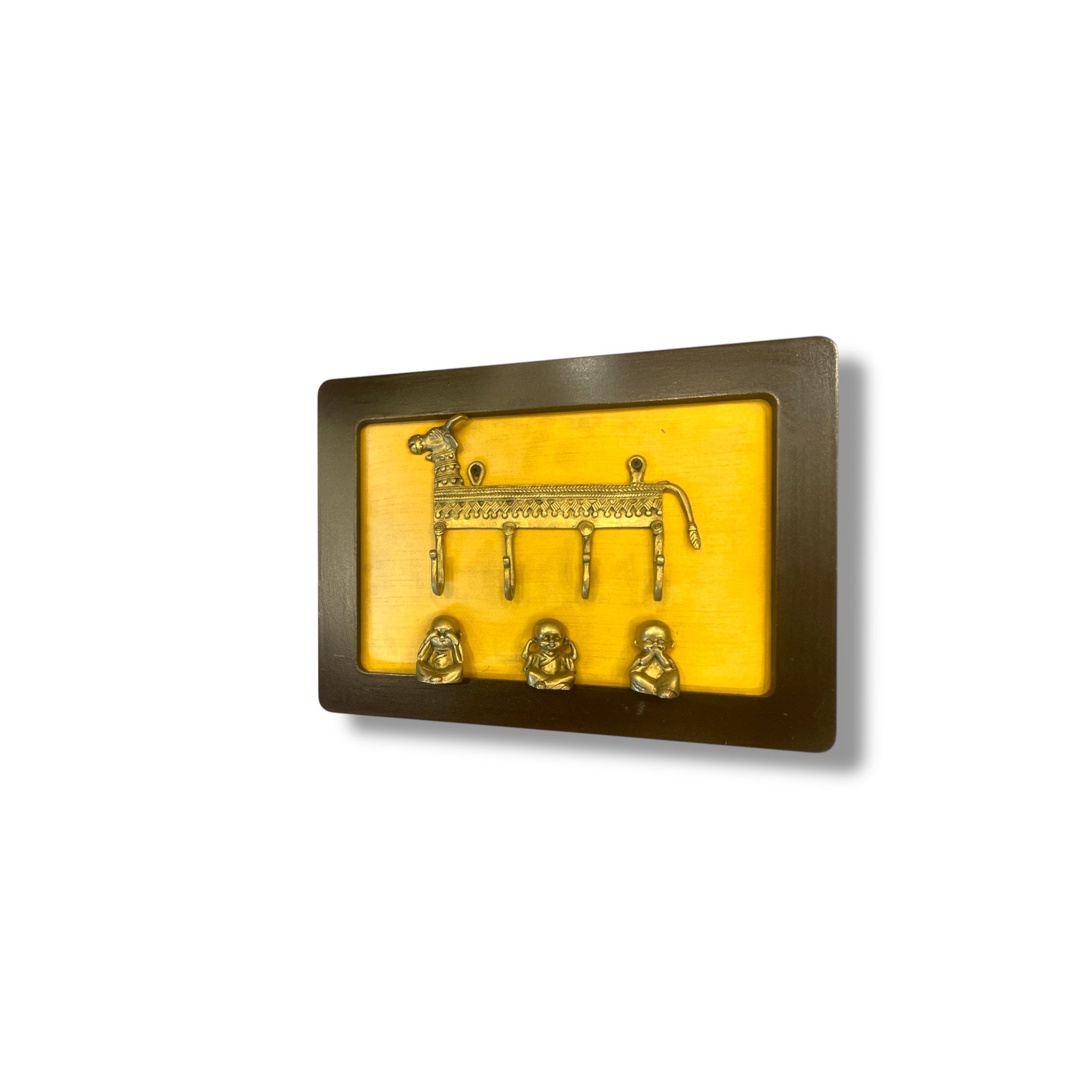 Brass Cow Key Hanger with Three Monks on Golden Silk in Wooden Frame