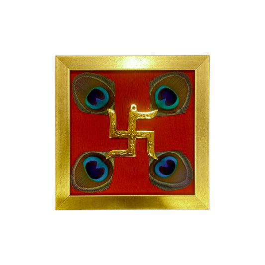 Brass Swastik With Peacock Feathers with Red silk in Gold frame