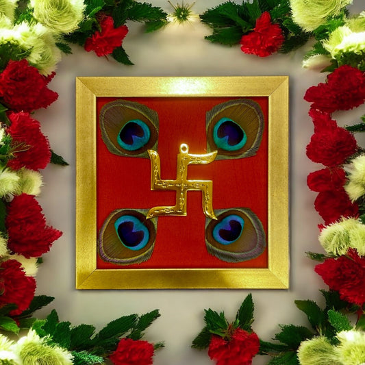 Brass Swastik With Peacock Feathers with Red silk in Gold frame