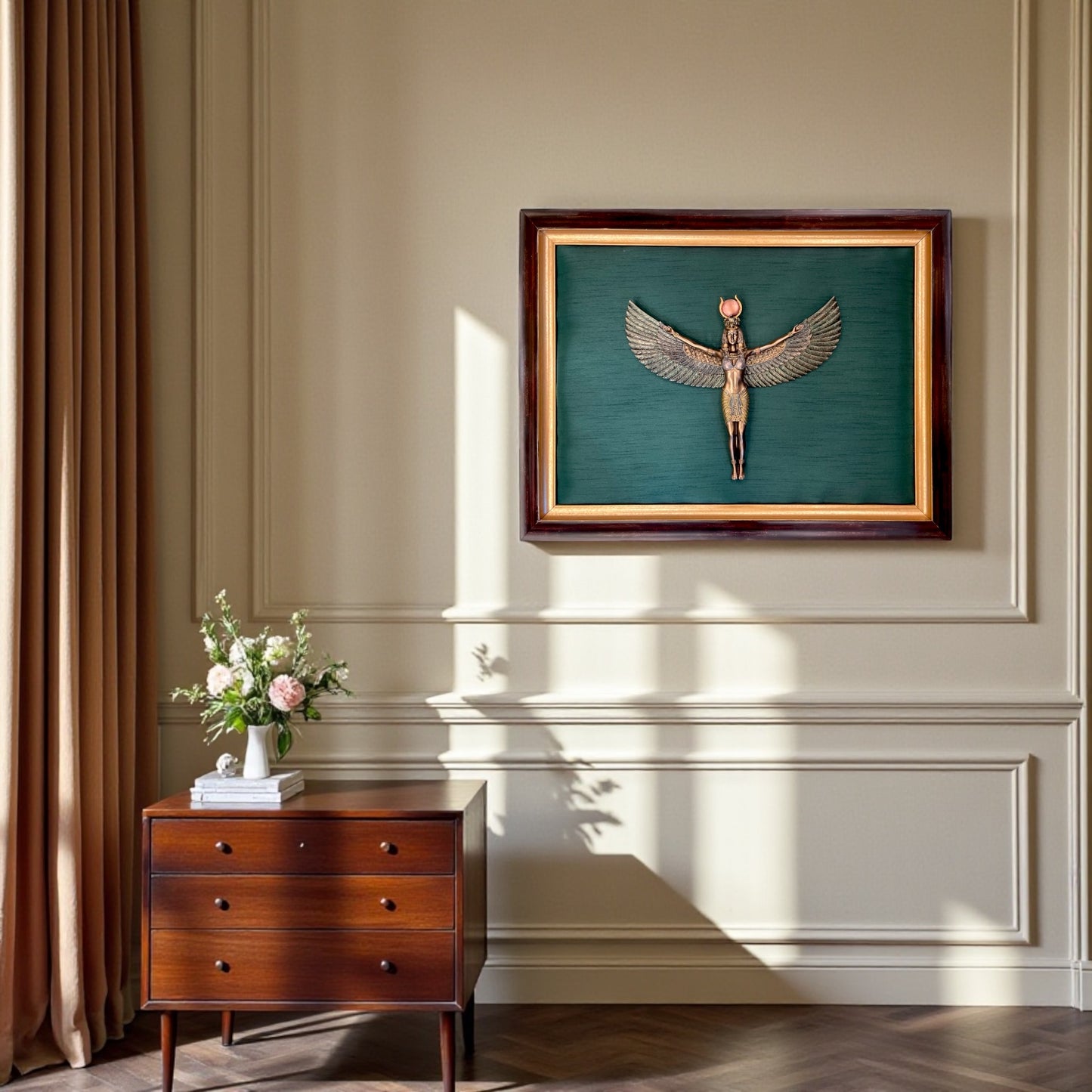 Egyptian Goddess Isis on Dark Green Silk with Moulded Frame