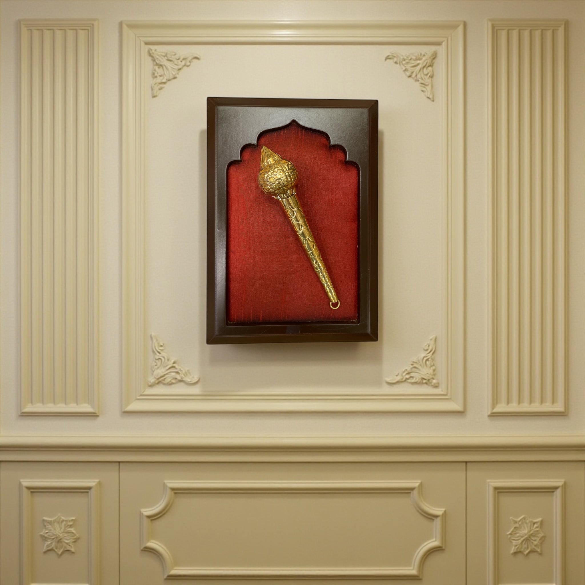 Brass Gadha on Red Silk in Wooden Frame