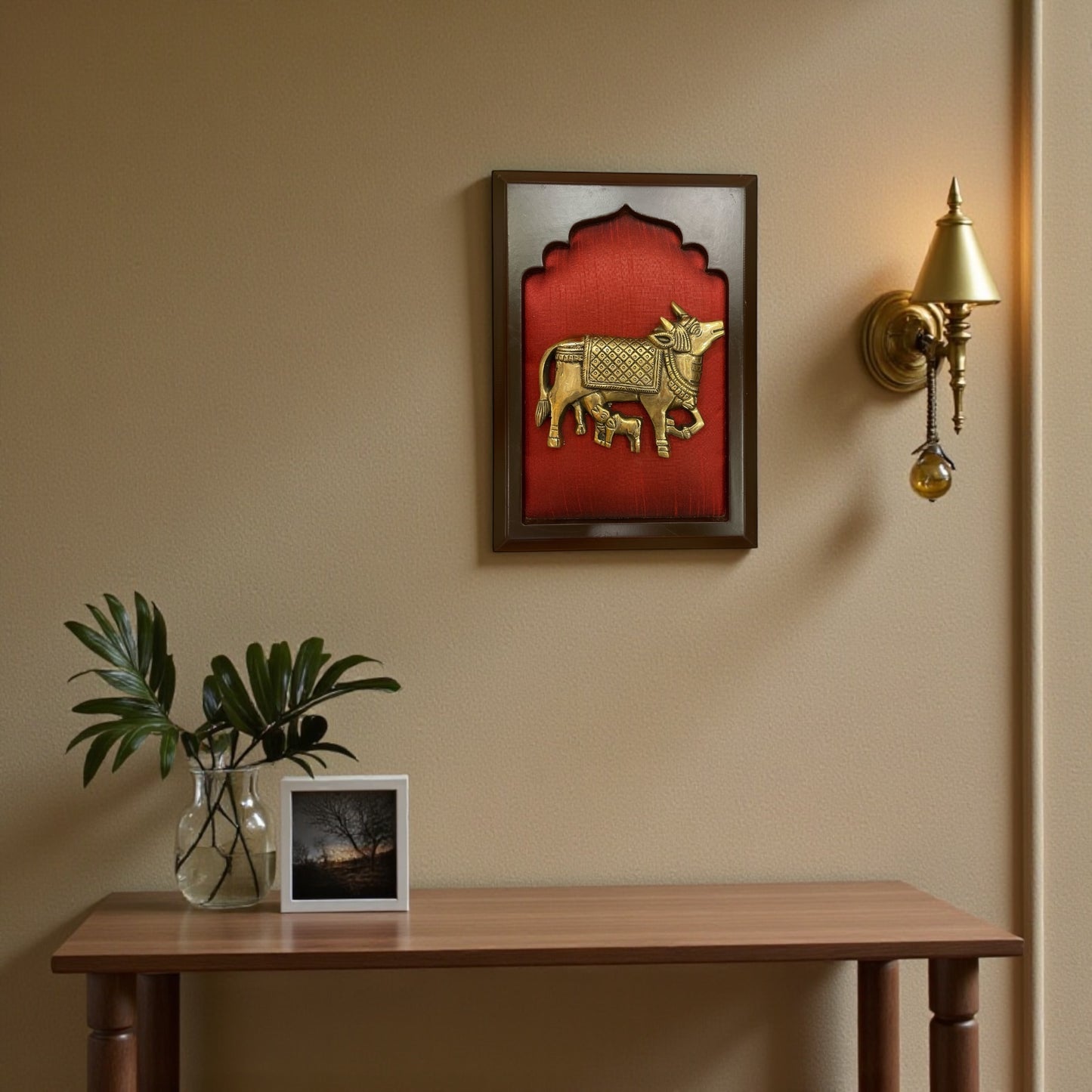 Brass Kamadhenu Cow and Calf on Red Silk in Wooden Frame