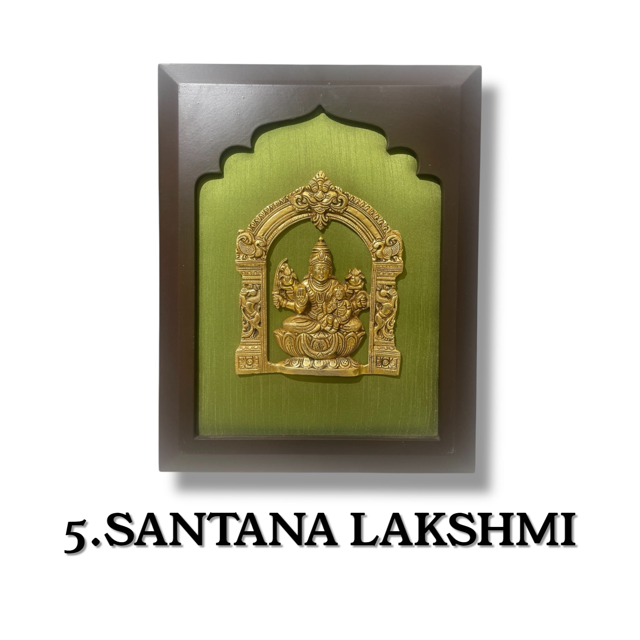 Astalakshmi Brass Set of 8 with Light Green Silk in Wooden Frame
