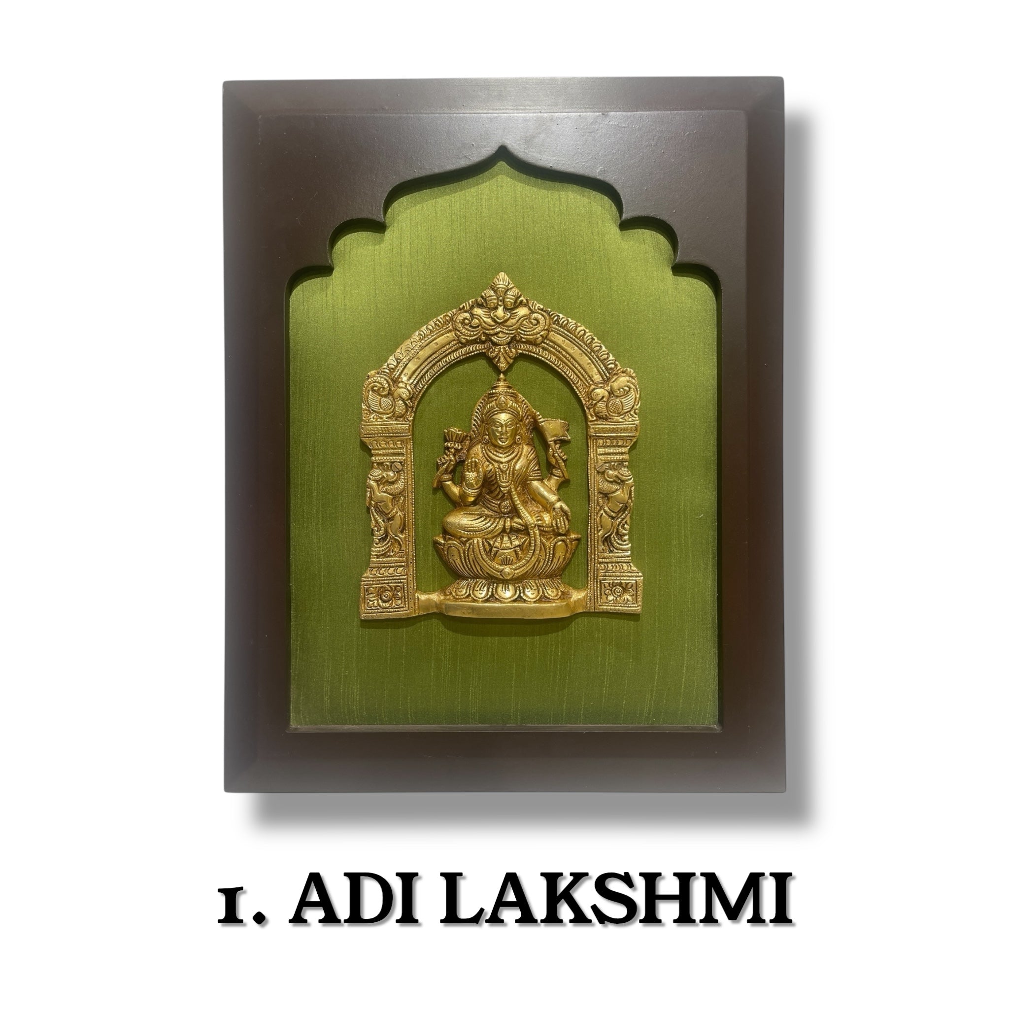 Astalakshmi Brass Set of 8 with Light Green Silk in Wooden Frame
