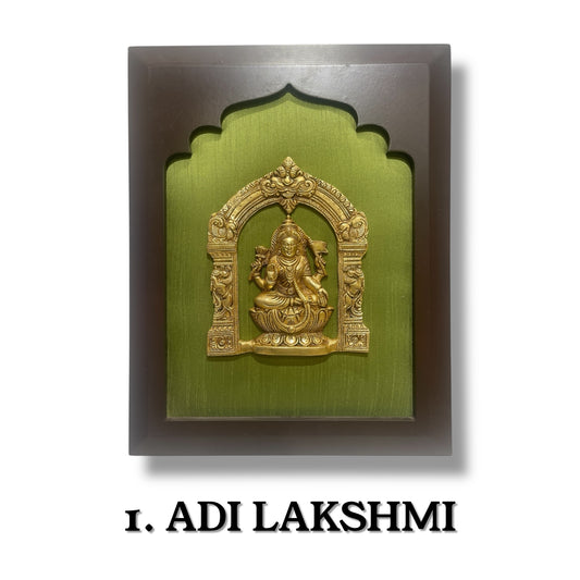 Asta Lakshmi Brass Set of 8 with Light Green Silk in Wooden Frame