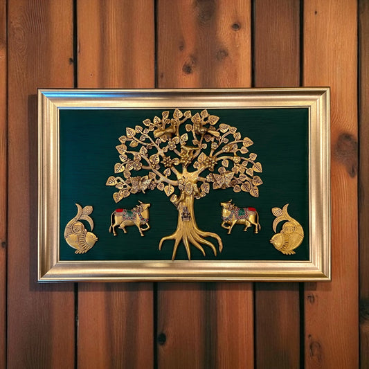 Brass Kalpavriksha Tree with 2 Cows & Shubh Labh with Rama Green Silk in Moulded Frame
