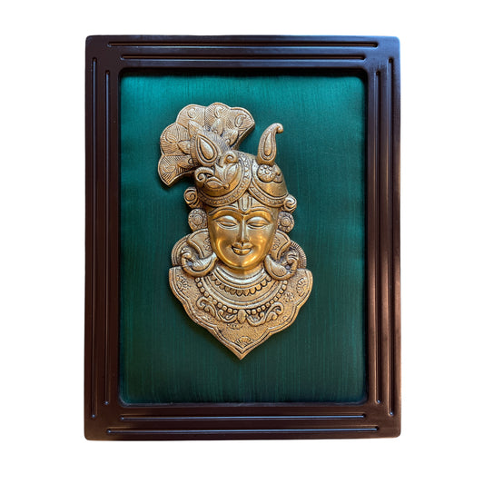 Brass Srinathji with green silk in wooden frame
