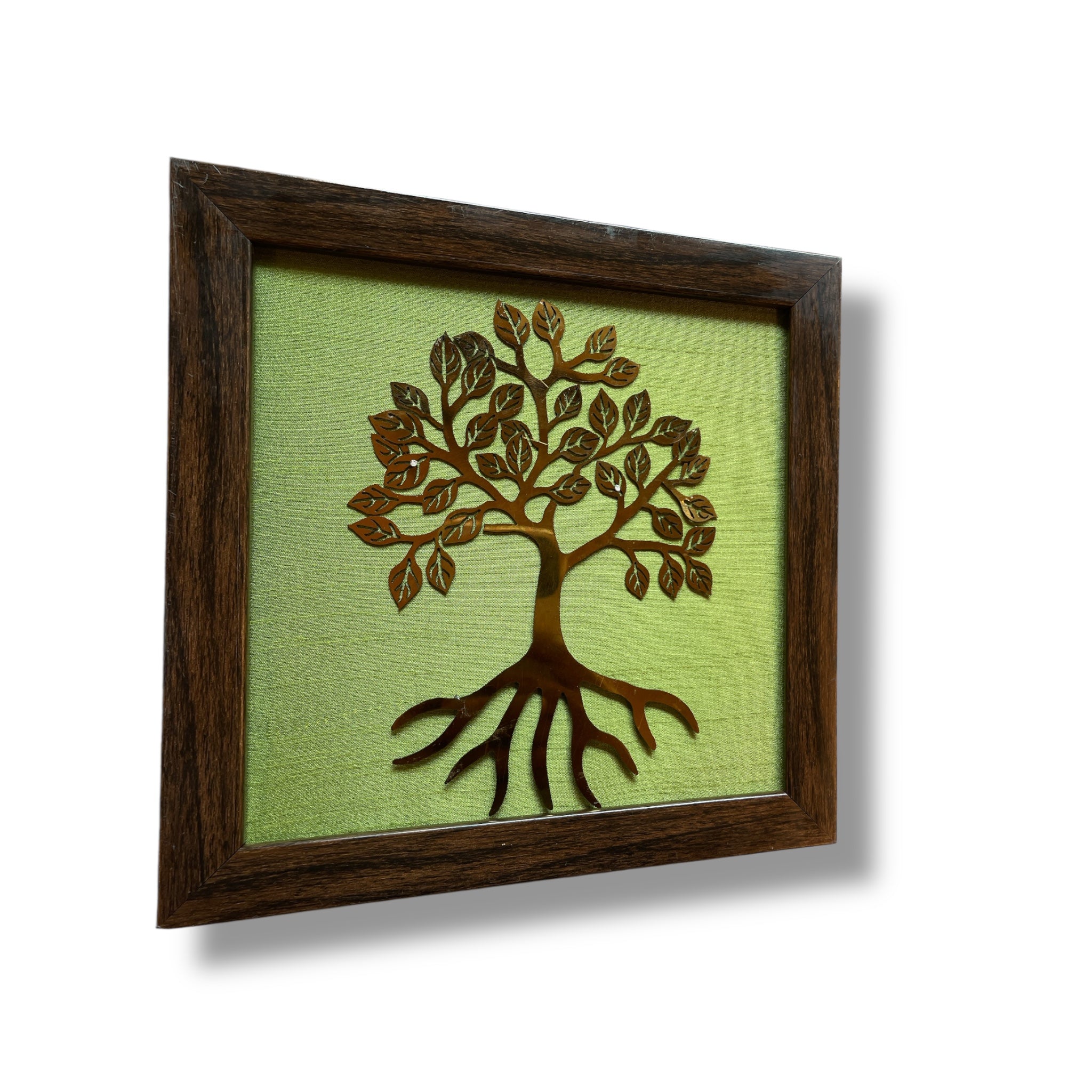 Bilva Tree Green Silk Background in Elegant Brown Frame