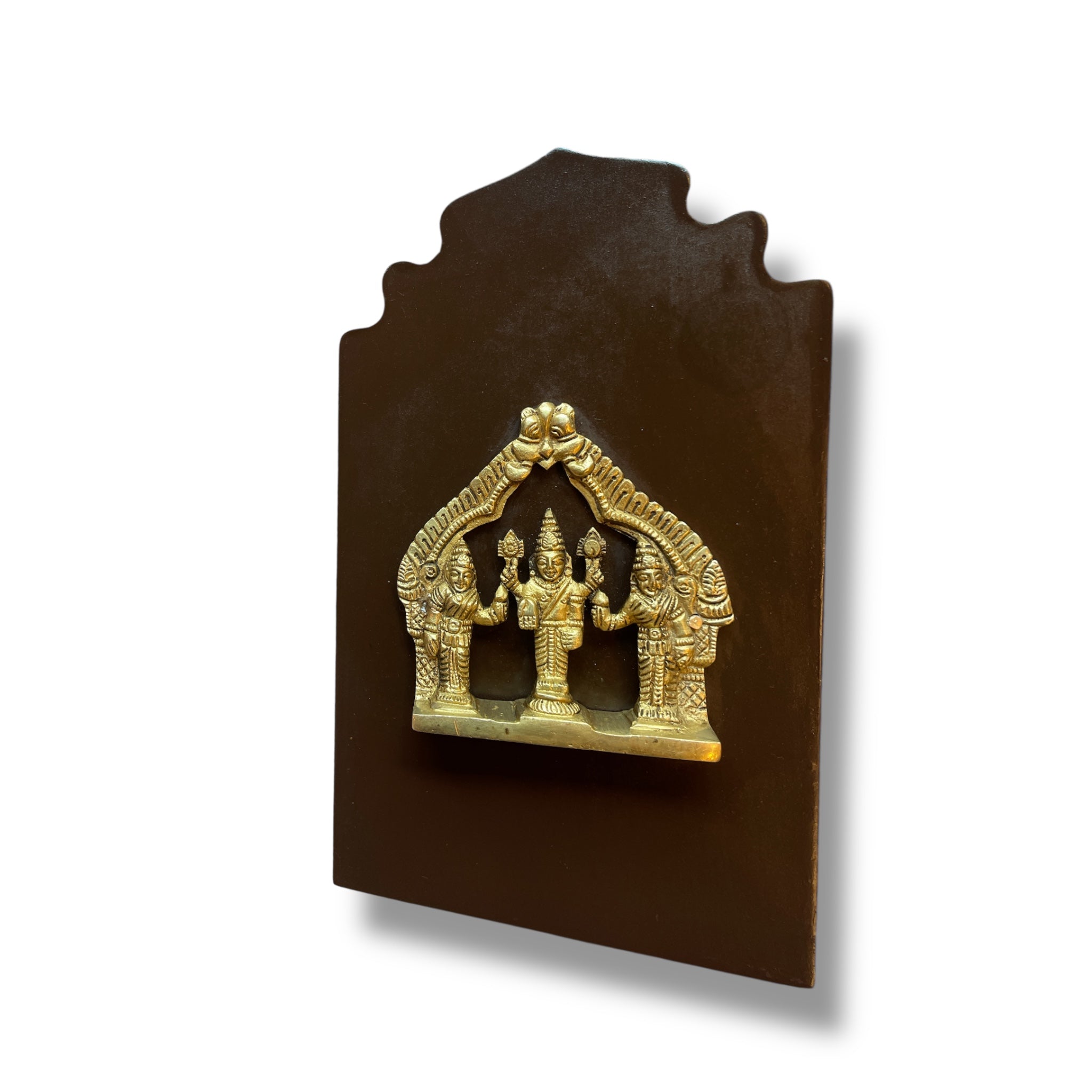 Brass Sree Vishnu with Shridevi & Bhudevi on Wooden Base