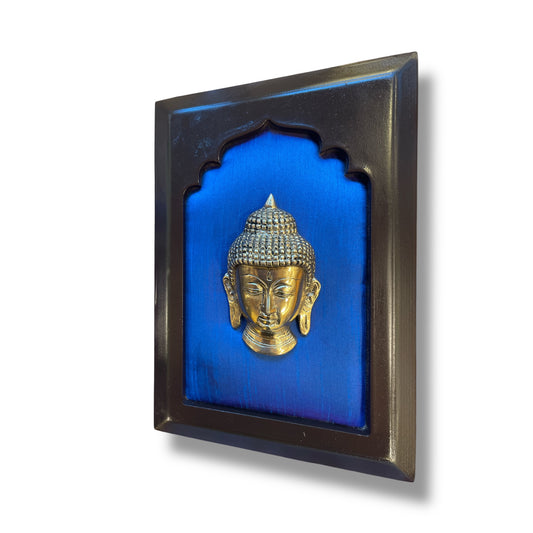 Brass Budha Blue silk in wooden frame