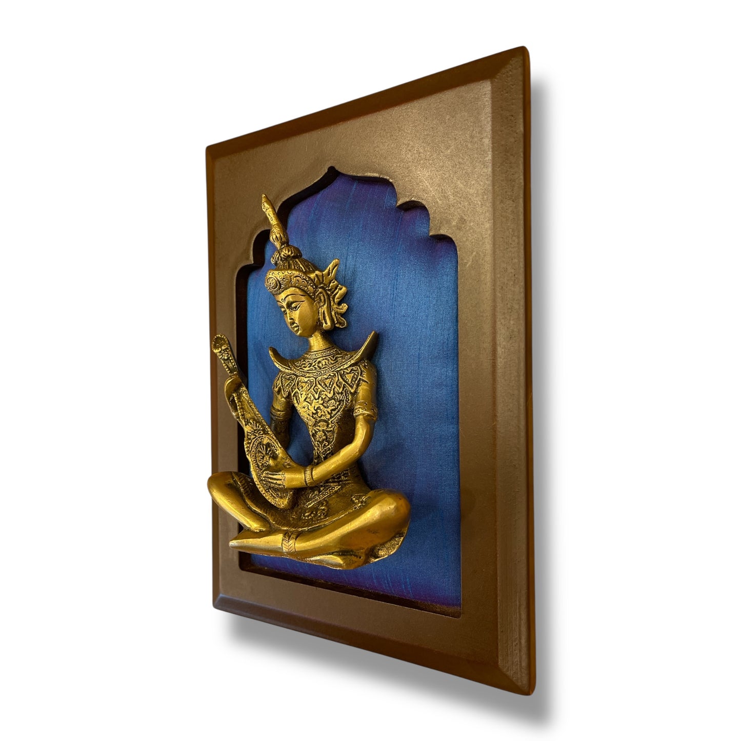 Brass Musician on Blue Silk in Wooden Frame