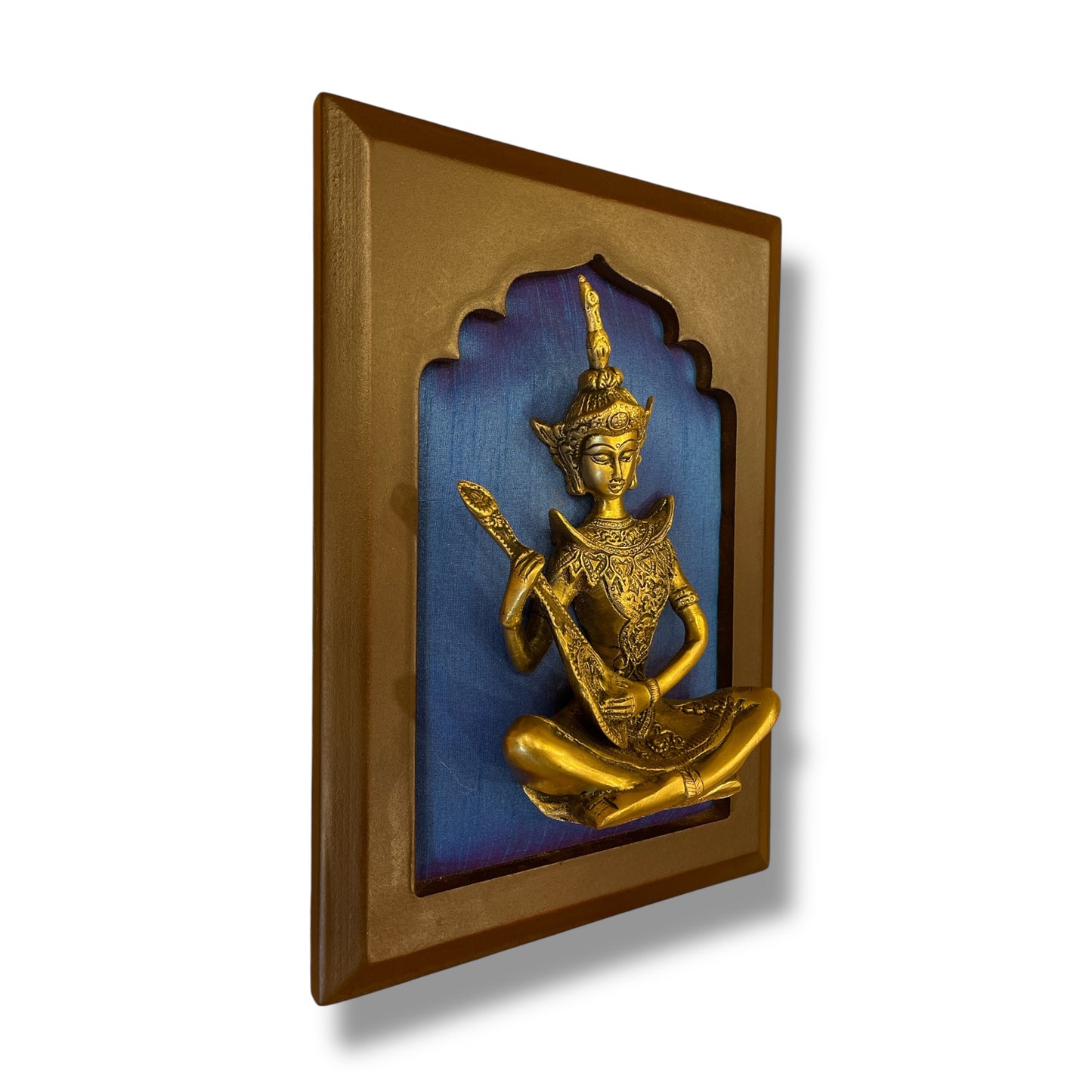 Brass Musician on Blue Silk in Wooden Frame