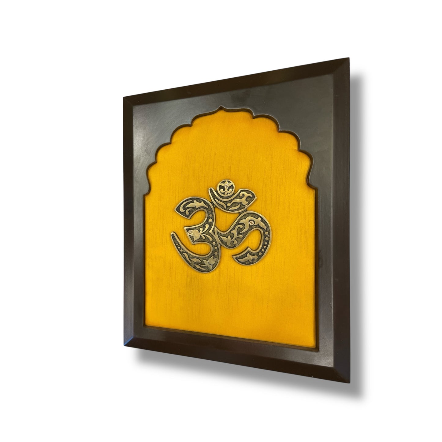 Brass Om on Golden Silk in Wooden frame