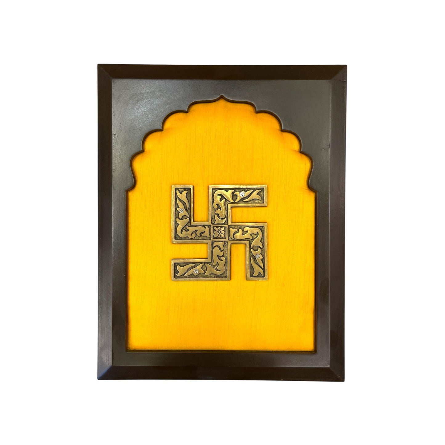 Brass Swastik on Golden Silk in Wooden frame