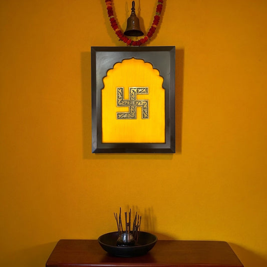 Swastik on Golden Silk in Wooden frame