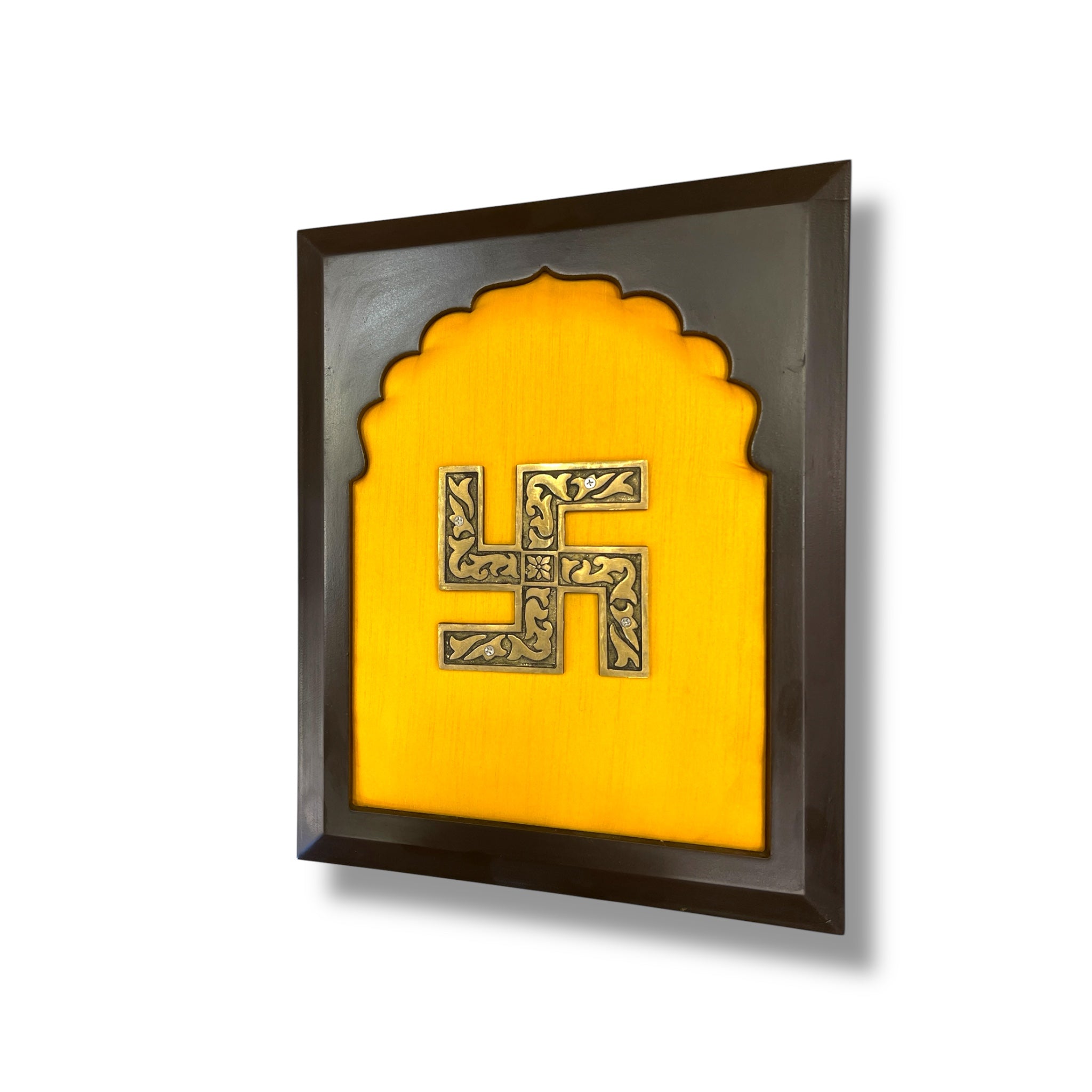 Brass Swastik on Golden Silk in Wooden frame