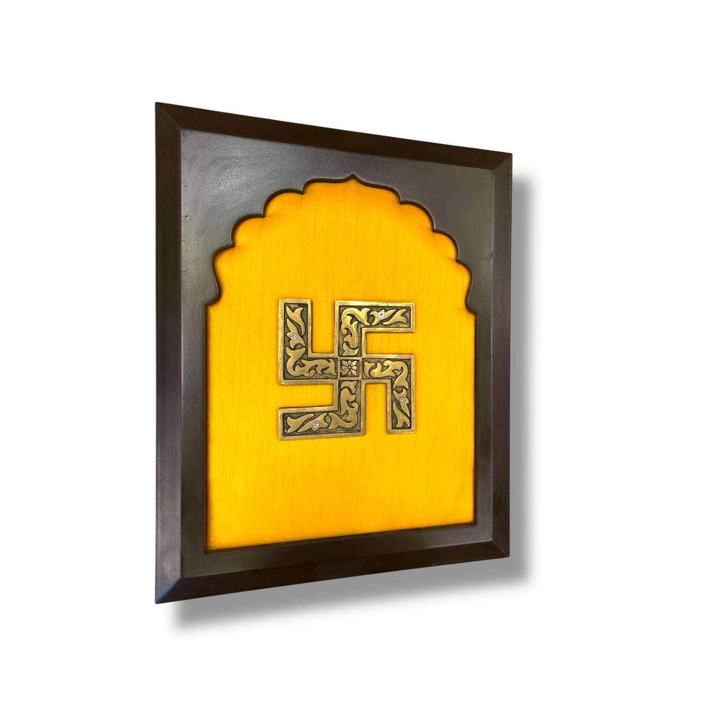 Brass Swastik on Golden Silk in Wooden frame