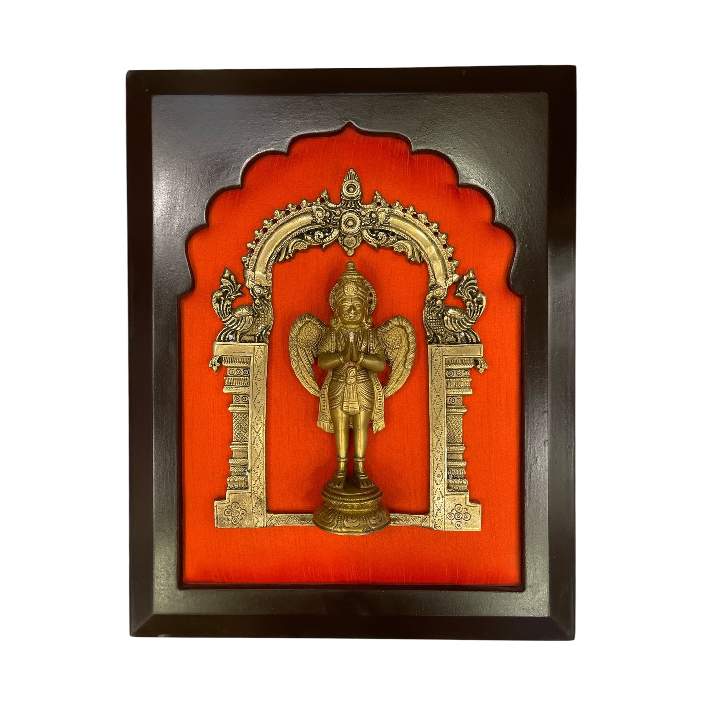 Brass Garuda on Dark orange Silk in Wooden frame