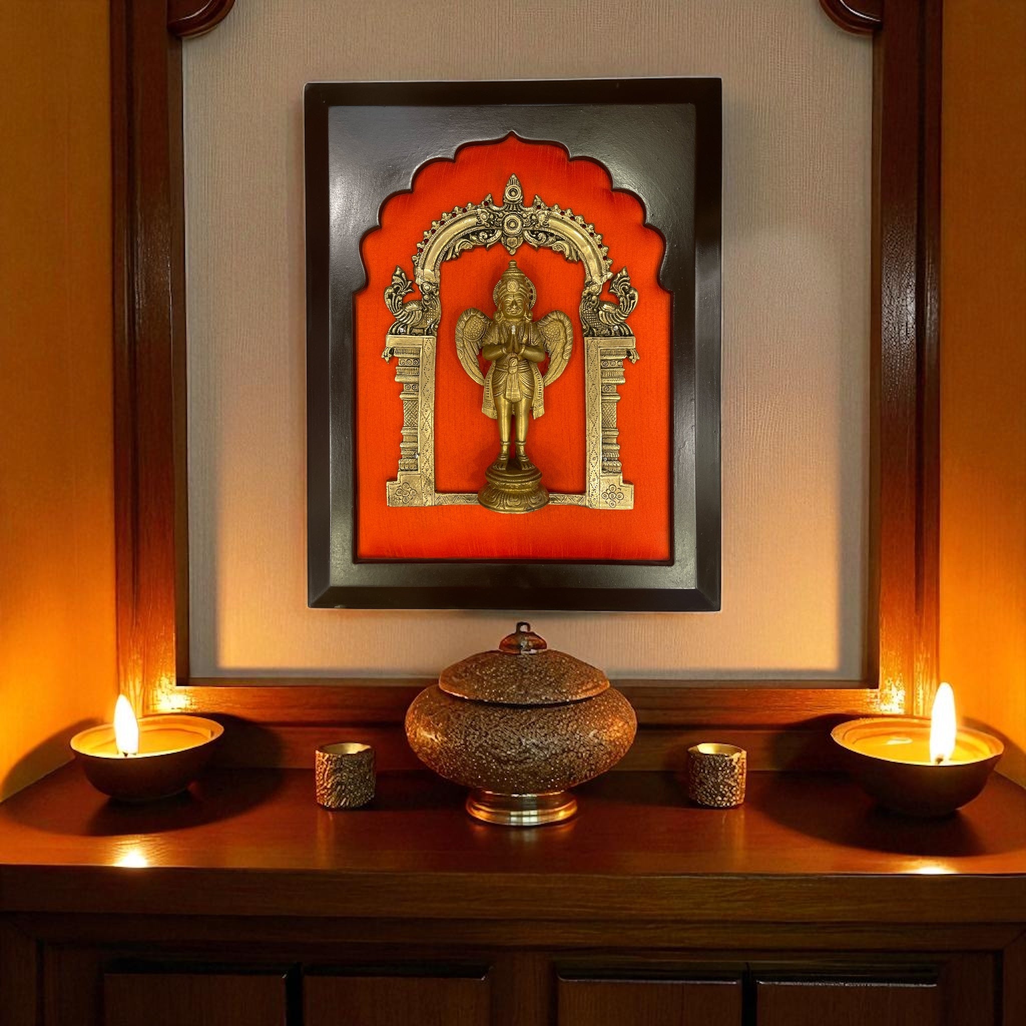 Brass Garuda on Dark orange Silk in Wooden frame