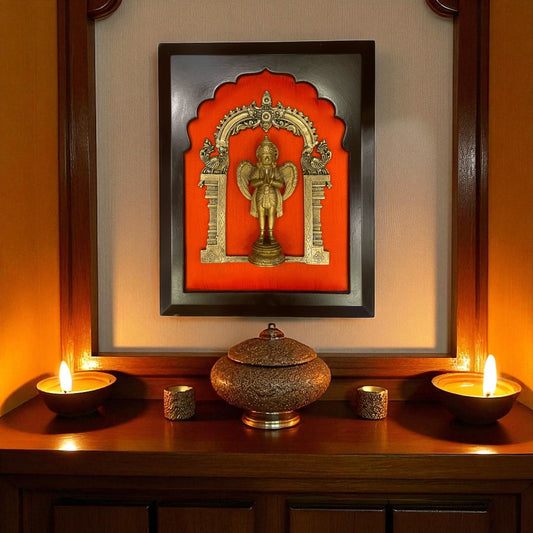 Brass Garuda on Dark orange Silk in Wooden frame