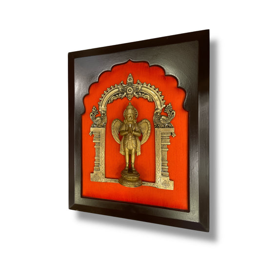 Brass Garuda on Dark orange Silk in Wooden frame