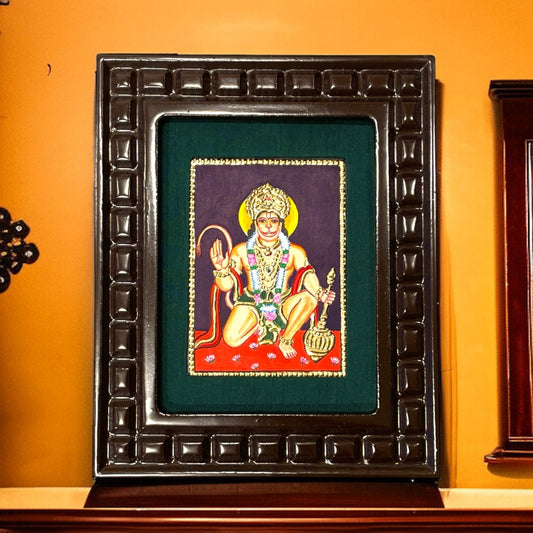 Hand-Painted Hanuman Tanjore Painting – Blessing Pose | Wooden Frame with Silk Mount (Green, Orange, Blue, Red)