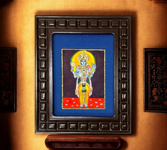 Lord Vishnu Tanjore Painting with Red, Rama Green, Indigo Blue, Orange and White Accents