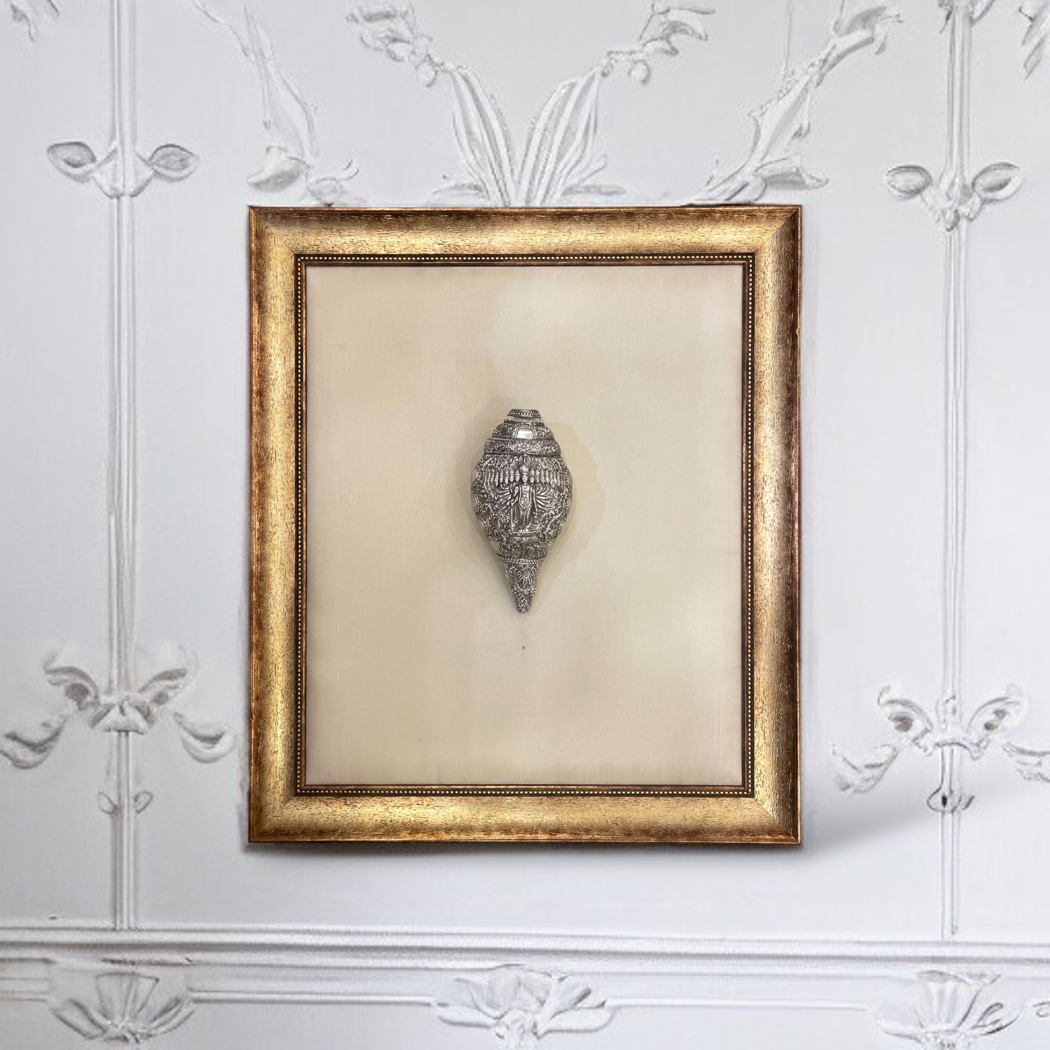 Vishnu Shank Silver White Silk in Antique Gold Moulded Frame