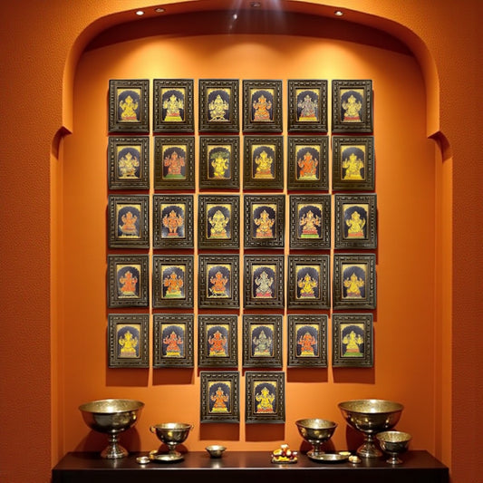 Sacred 32 Forms of Ganesha Gold Leafed Art in Wooden Frame