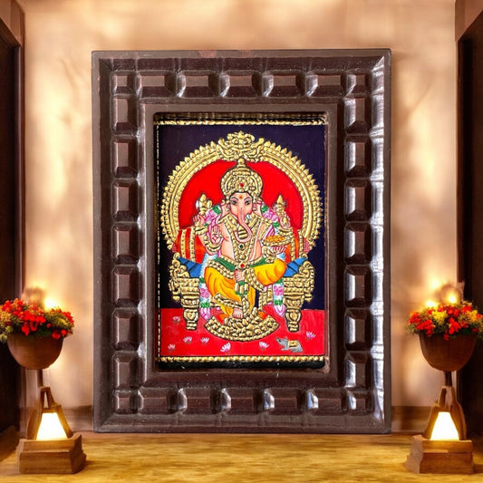 Hand-Painted Lord Ganesha Tanjore Painting – Seated on Throne | Wooden Frame Without Silk Mount