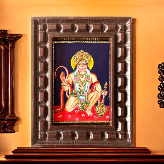 Hand-Painted Tanjore Painting of Lord Hanuman in Blessing Pose with Wooden Frame