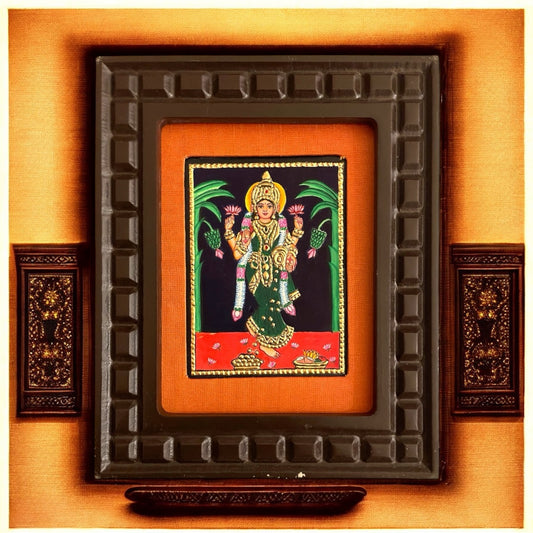 Goddess Lakshmi Tanjore Painting with Red, Indigo Blue, Orange, Rama Green and White Accents