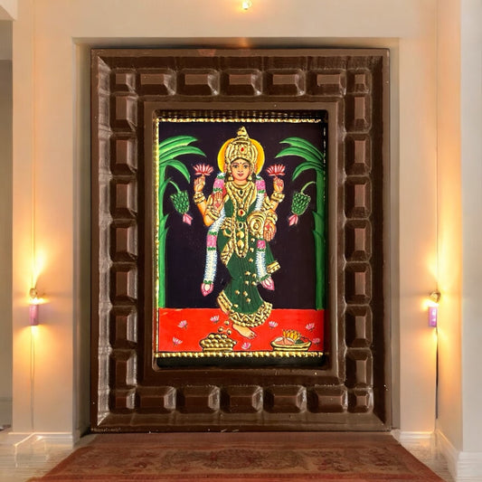 Goddess Lakshmi Tanjore Painting with Handcrafted Wooden Frame