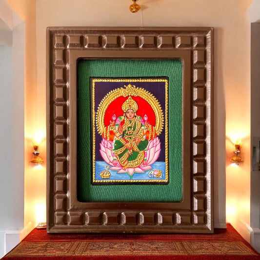Lakshmi with Pink Lotus Tanjore Painting – Red, Indigo Blue, Orange, White & Rama Green Gold Foil Artwork