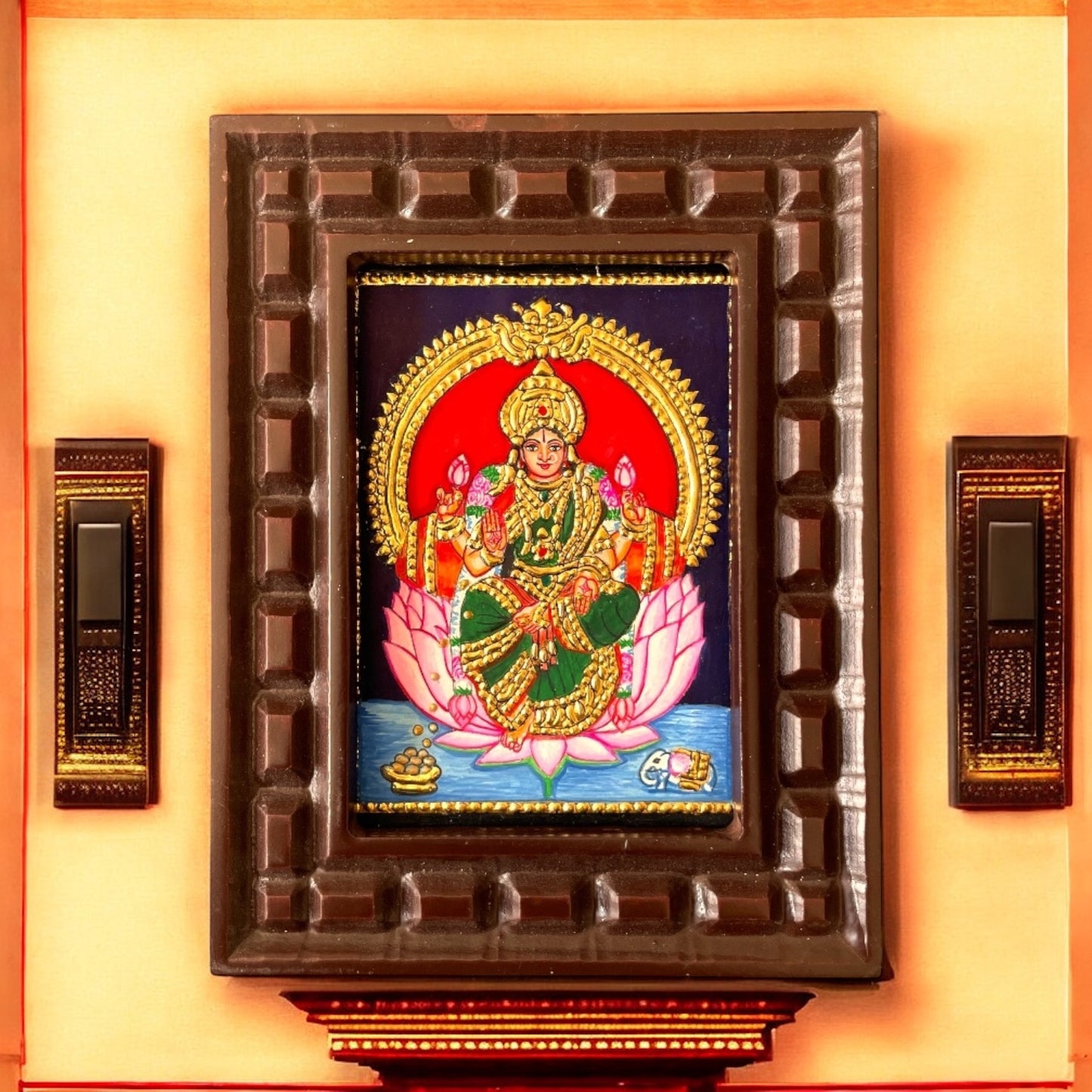 Lakshmi Tanjore Painting with Pink Lotus – Handcrafted Gold Foil Artwork