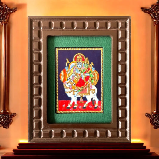 Shiva and Parvati on Nandi Tanjore Painting – Red, Indigo Blue, Rama Green, White & Orange