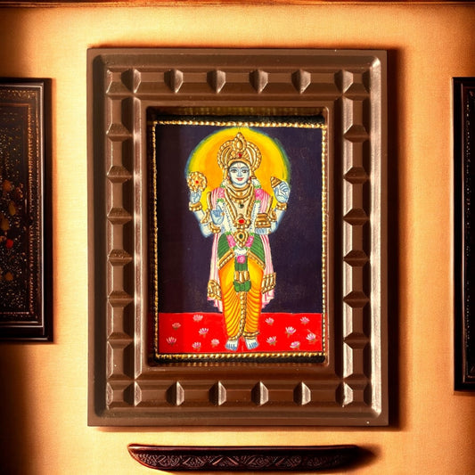 Divine Lord Vishnu Tanjore Painting – Traditional South Indian Artwork of the Preserver with Sacred Ornaments and Symbols