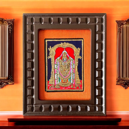 Lord Venkateshwara Tanjore Painting in Orange, Red, Indigo Blue, White and Rama Green