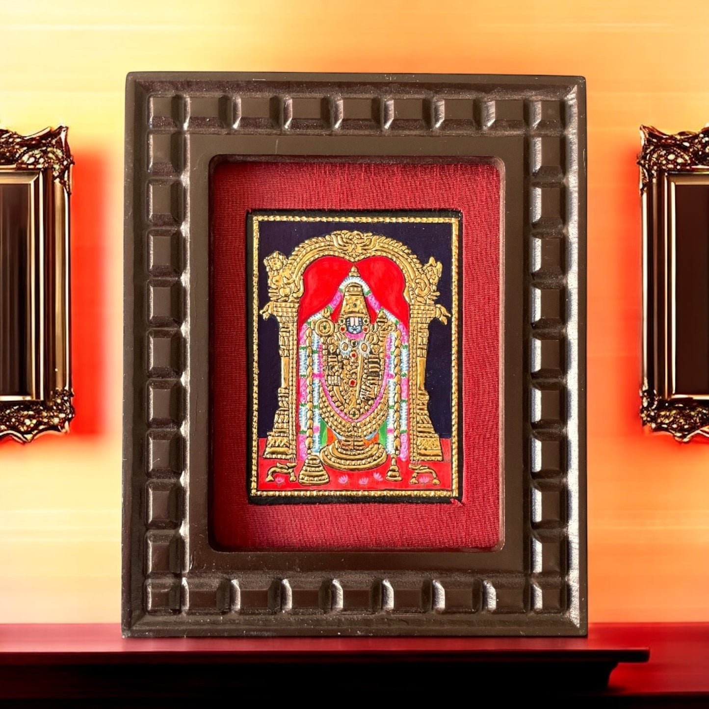 Hand-Painted Tanjore Painting of Lord Venkateswara with Wooden Frame and Silk Mounting