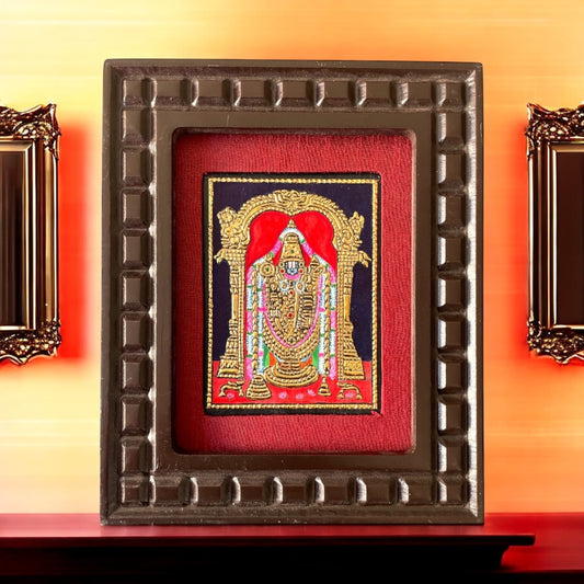 Hand-Painted Tanjore Painting of Lord Venkateswara with Wooden Frame and Silk Mounting