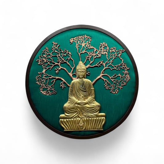 Brass Buddha on Green Silk – Sacred Wall Art from Estudio