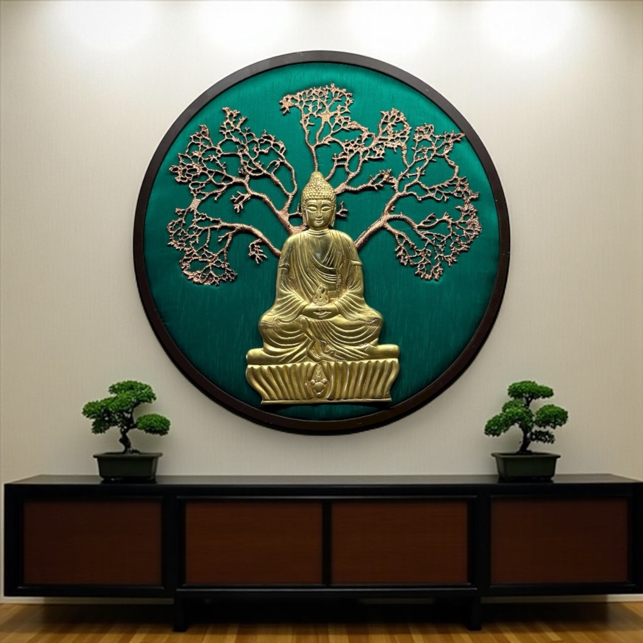 Brass Buddha on Green Silk – Sacred Wall Art from Estudio