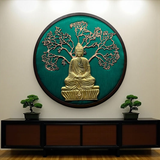 Brass Buddha on Green Silk – Sacred Wall Art from Estudio