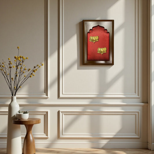 Brass Twin Lotus Wall Art with Wine Red Silk in Wooden Frame.