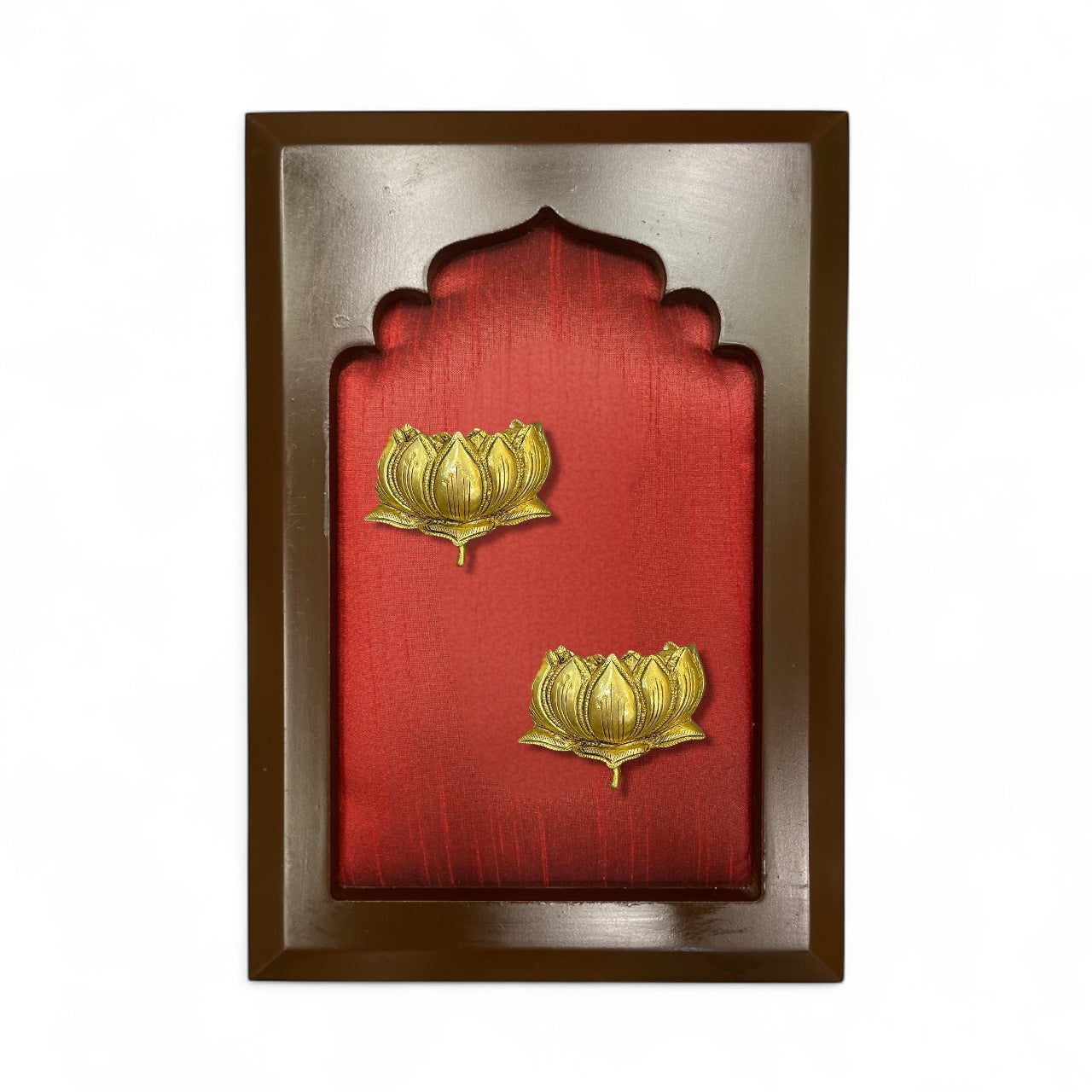 Brass Twin Lotus Wall Art with Wine Red Silk in Wooden Frame.