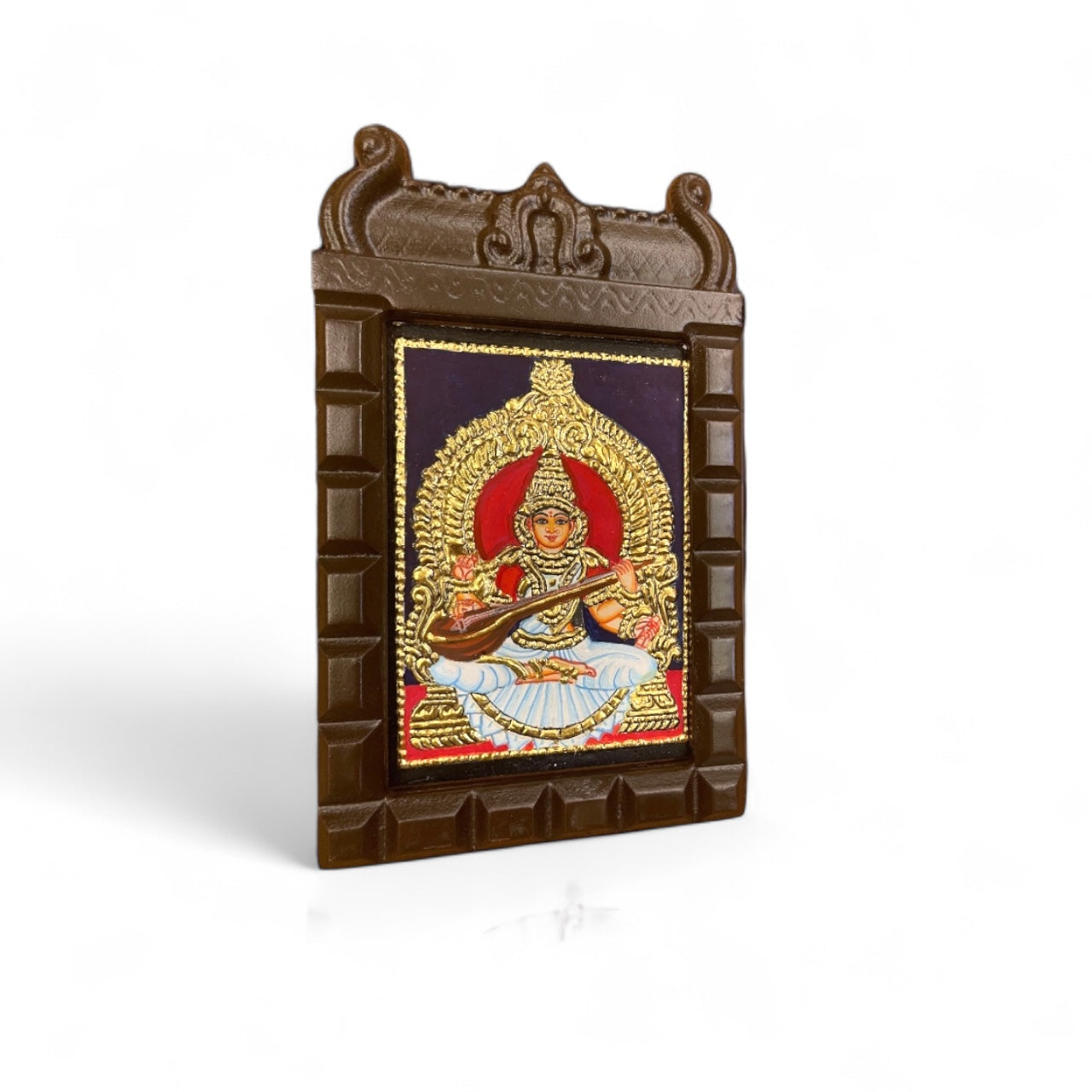 Goddess Saraswati on White Lotus Tanjore Painting